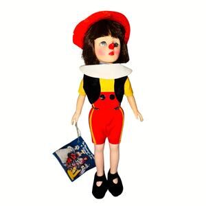 Vintage Effanbee Pinocchio Storybook Doll Felt Hat Clown Nose Tag Stand